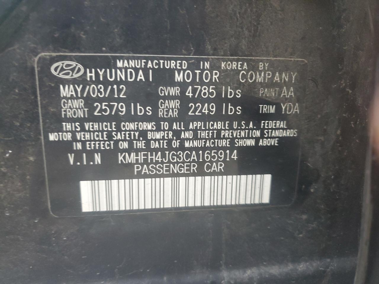 KMHFH4JG3CA165914 2012 Hyundai Azera Gls