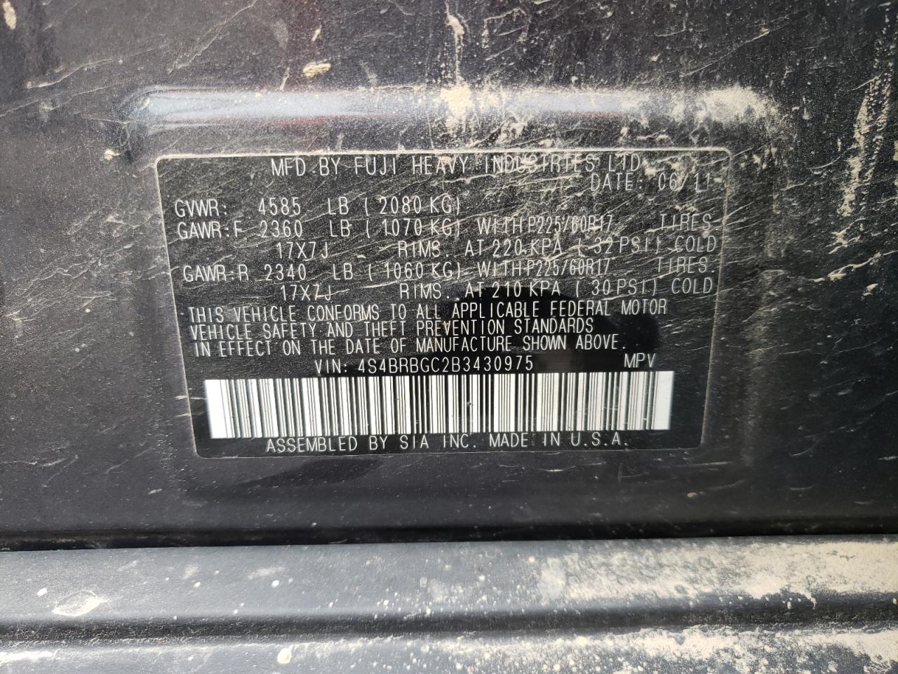 2011 Subaru Outback 2.5I Premium VIN: 4S4BRBGC2B3430975 Lot: 71359744