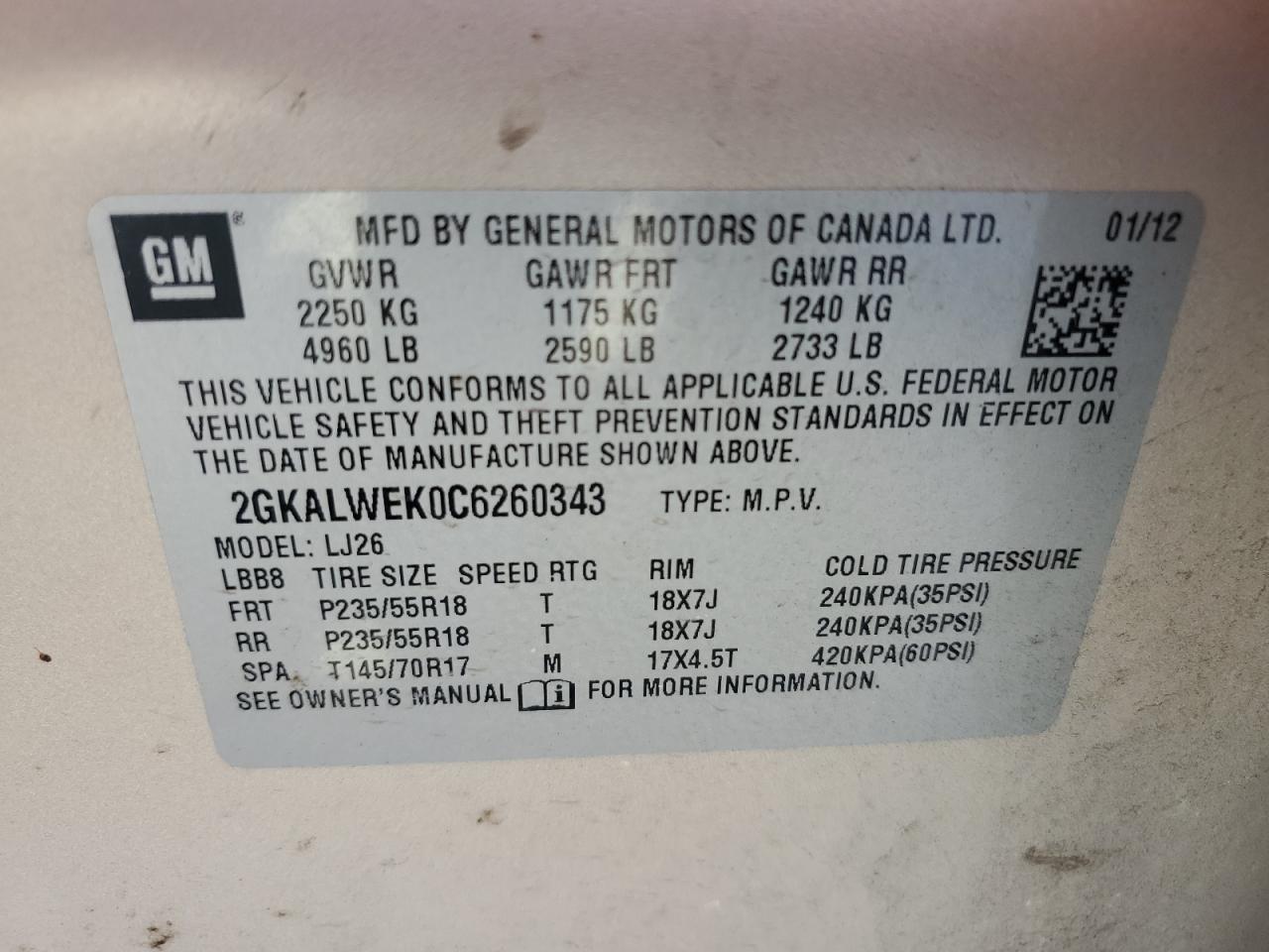 2GKALWEK0C6260343 2012 GMC Terrain Slt