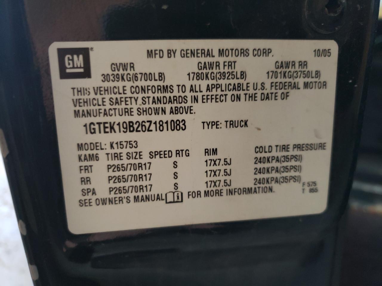 1GTEK19B26Z181083 2006 GMC New Sierra K1500