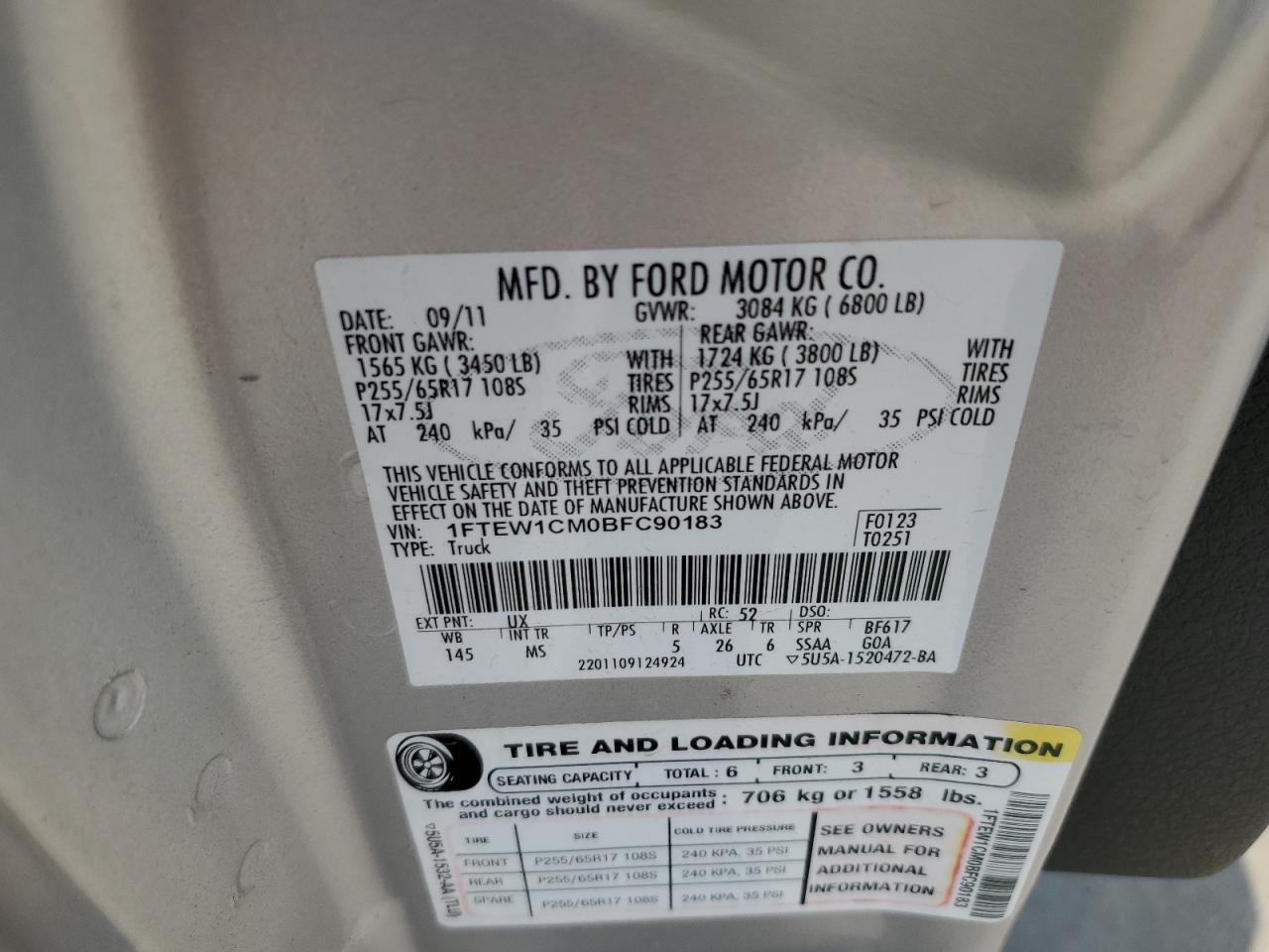 2011 Ford F150 Supercrew VIN: 1FTEW1CM0BFC90183 Lot: 70444174