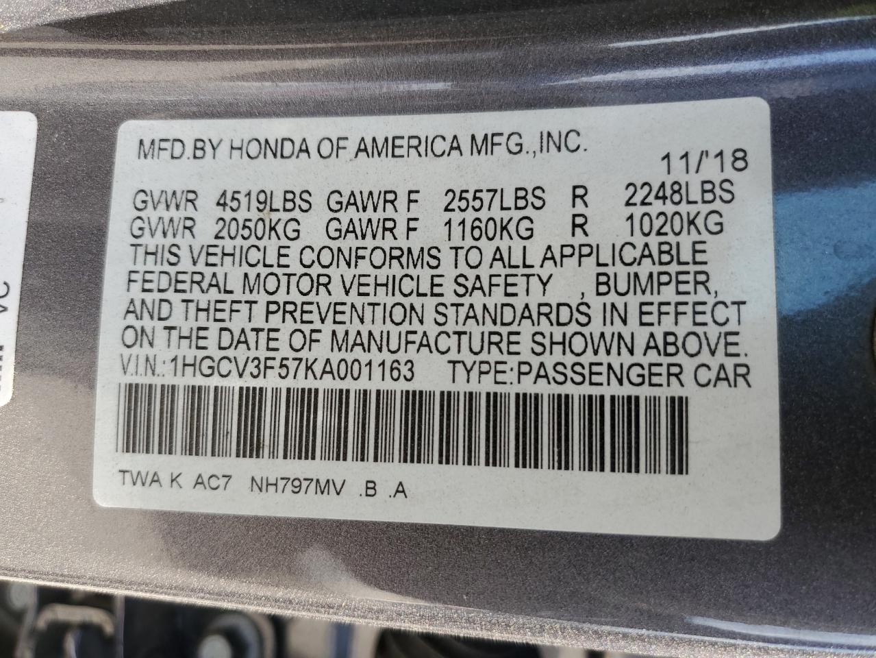 1HGCV3F57KA001163 2019 Honda Accord Hybrid Exl