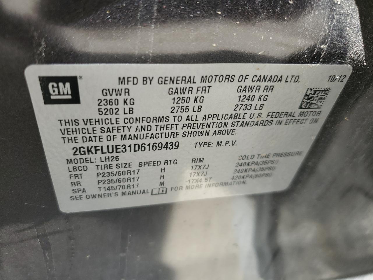 2GKFLUE31D6169439 2013 GMC Terrain Slt