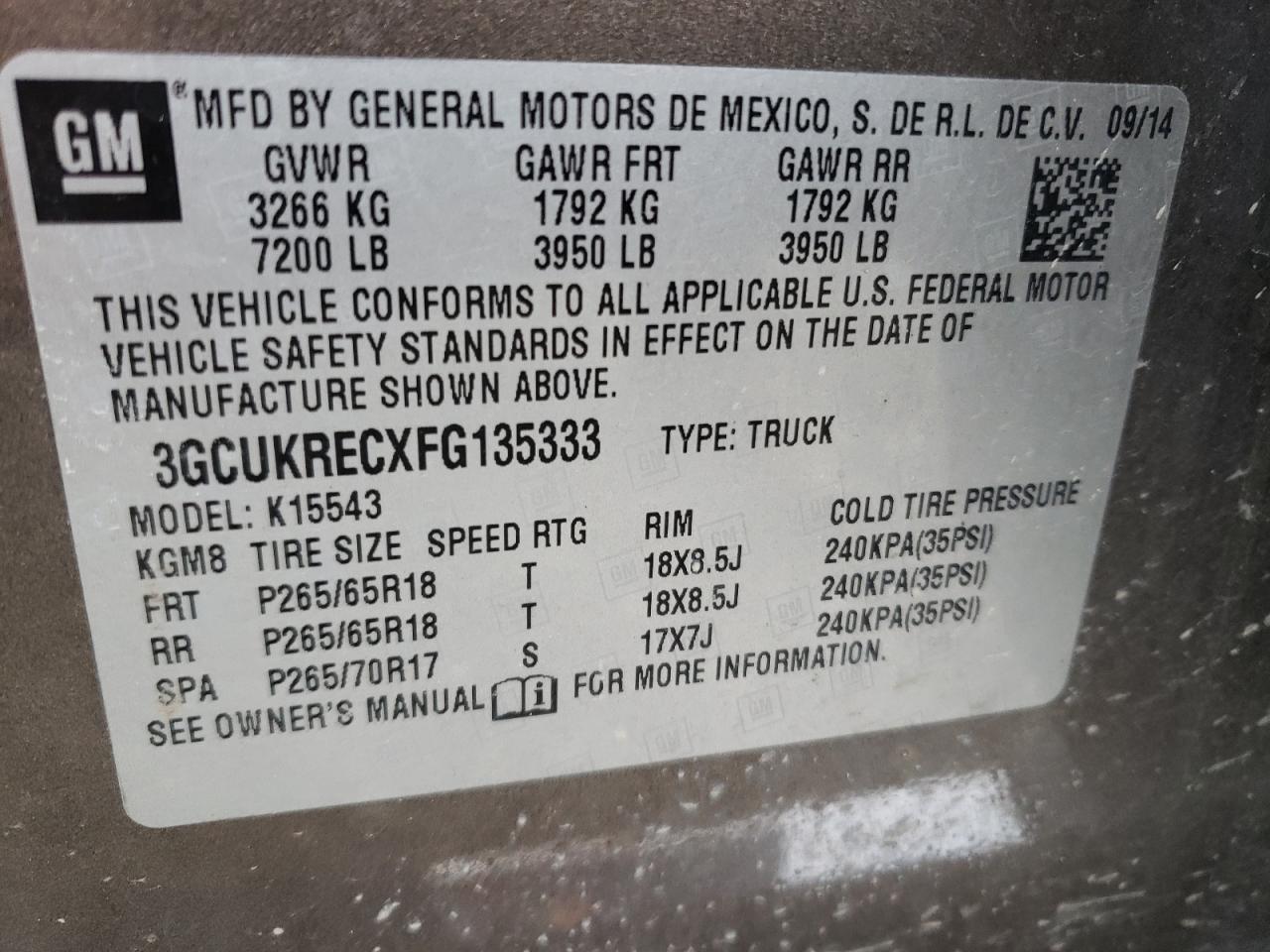 3GCUKRECXFG135333 2015 Chevrolet Silverado K1500 Lt