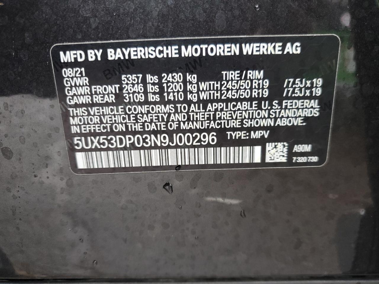 5UX53DP03N9J00296 2022 BMW X3 xDrive30I