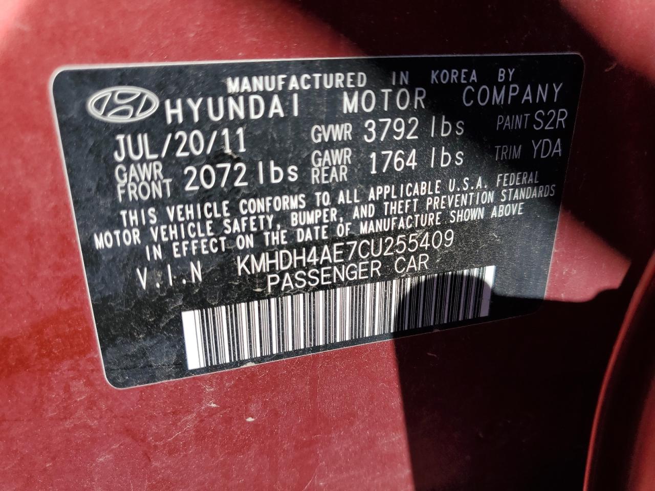 KMHDH4AE7CU255409 2012 Hyundai Elantra Gls