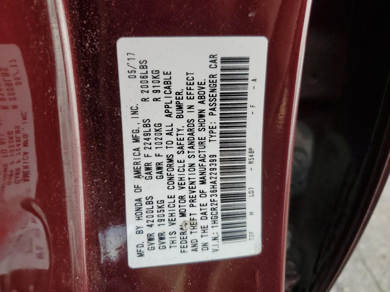 1HGCR2F36HA229399 2017 Honda Accord Lx