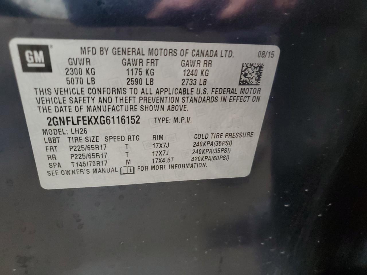 2GNFLFEKXG6116152 2016 Chevrolet Equinox Lt