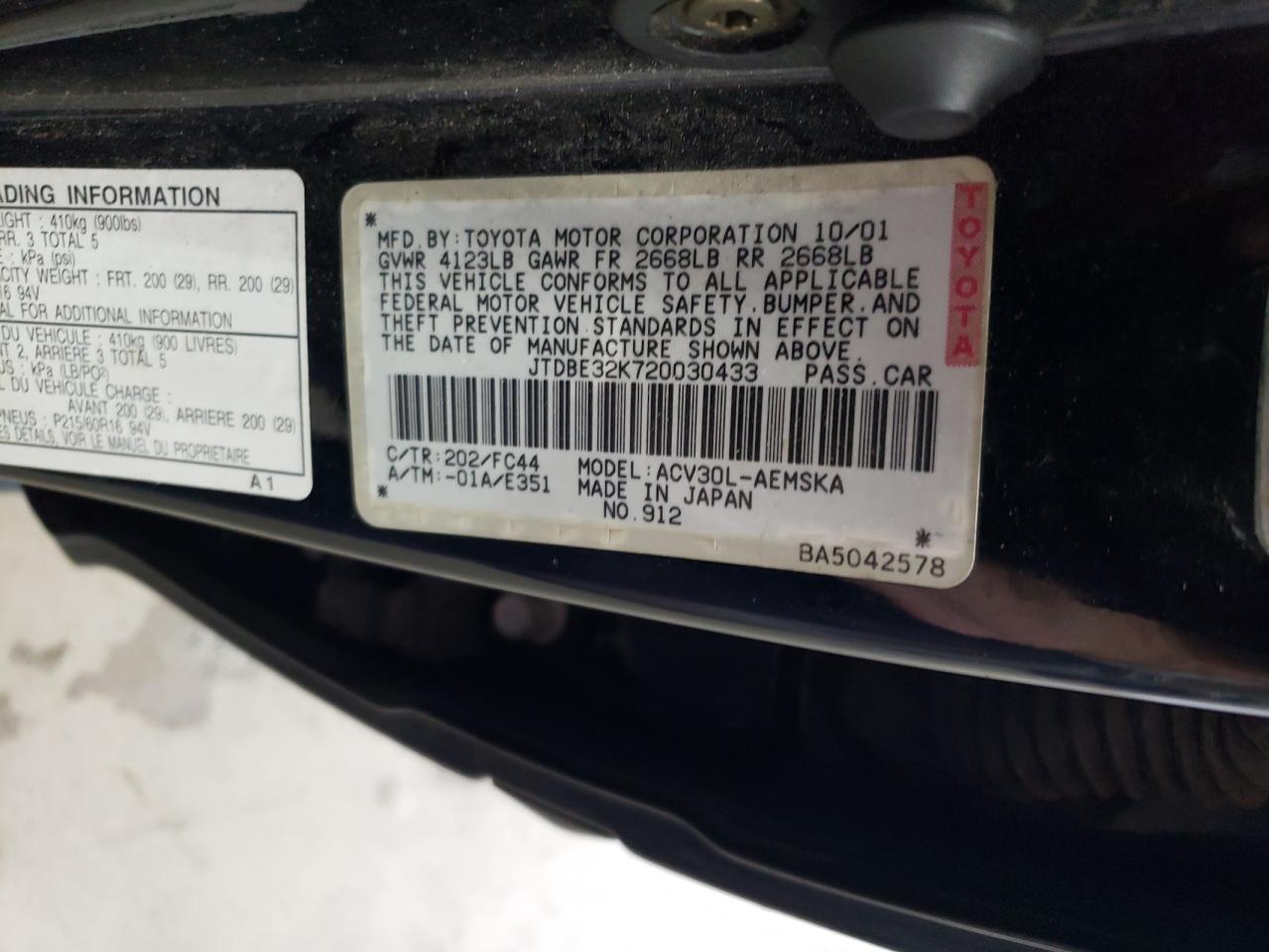 JTDBE32K720030433 2002 Toyota Camry Le