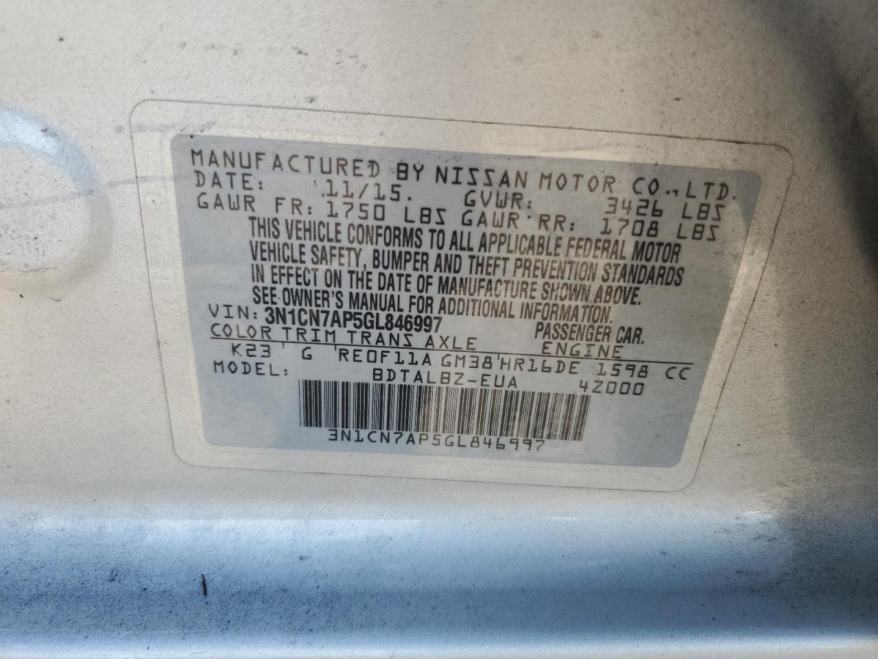 3N1CN7AP5GL846997 2016 Nissan Versa S