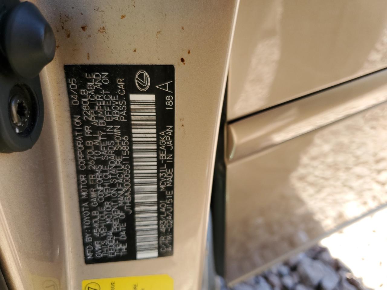 2005 Lexus Es 330 VIN: JTHBA30G055115856 Lot: 85706364