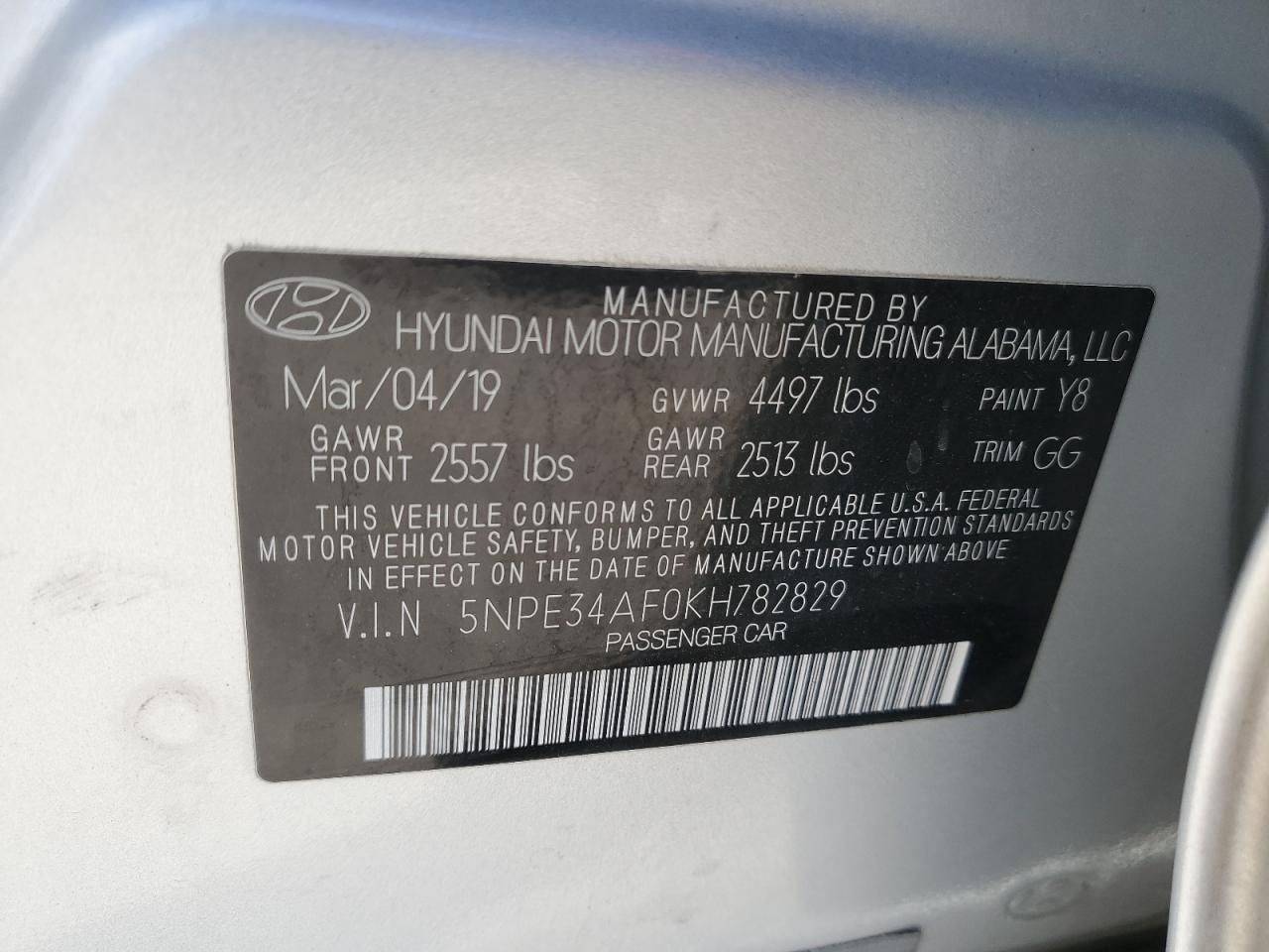 5NPE34AF0KH782829 2019 HYUNDAI SONATA - Image 12