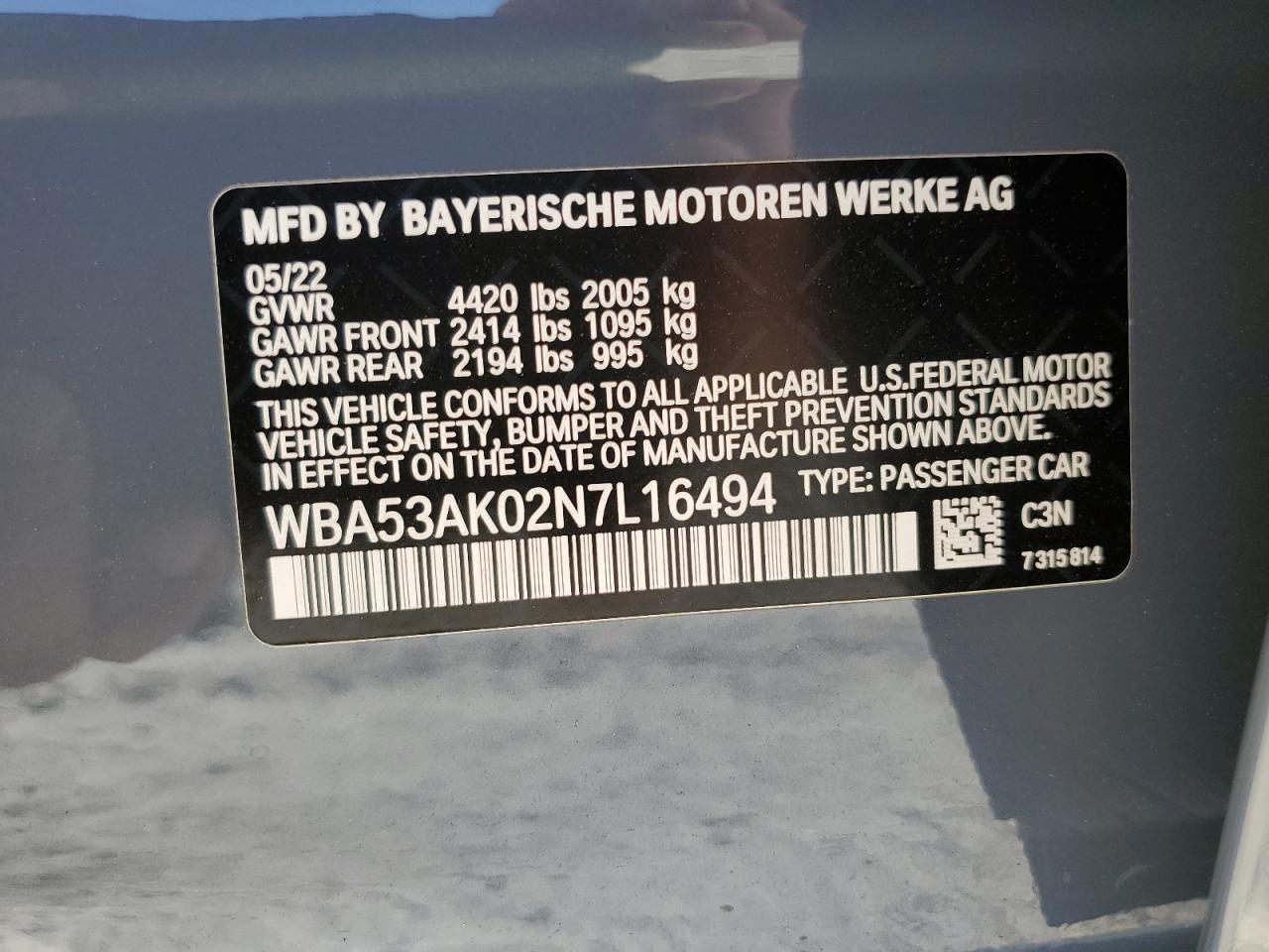 2022 BMW 228I VIN: WBA53AK02N7L16494 Lot: 73472604