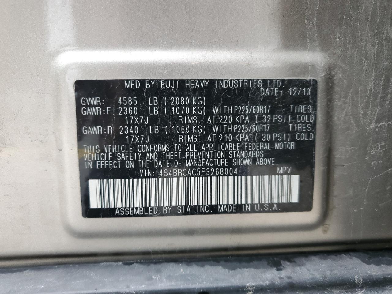 2014 Subaru Outback 2.5I VIN: 4S4BRCAC5E3268004 Lot: 71473714