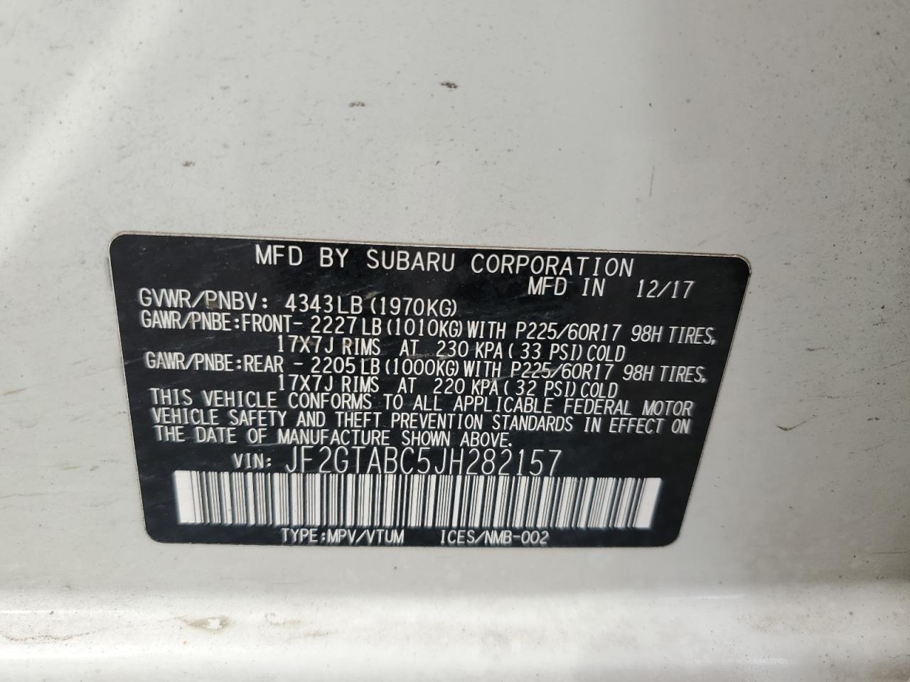 JF2GTABC5JH282157 2018 Subaru Crosstrek Premium