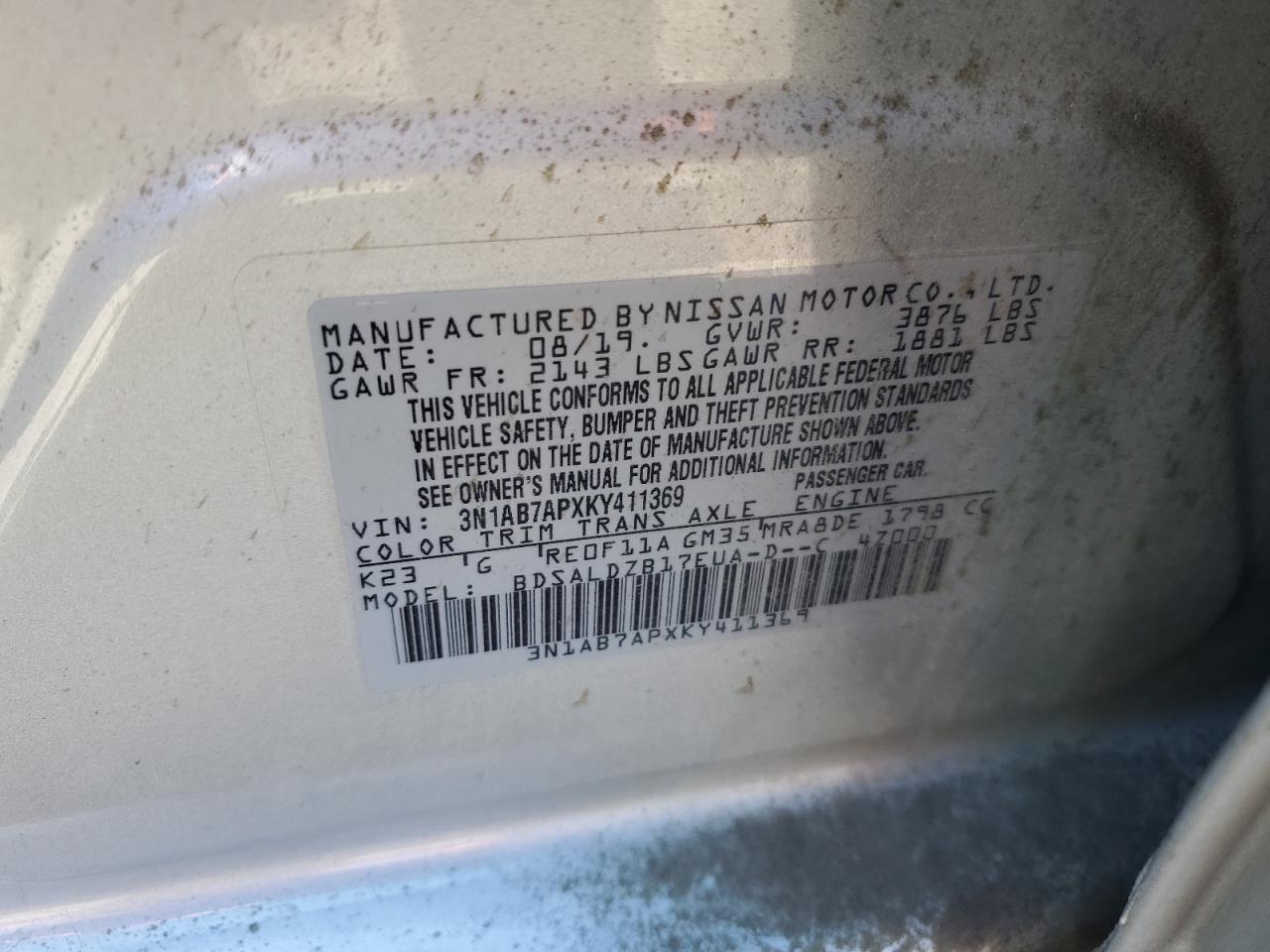 3N1AB7APXKY411369 2019 Nissan Sentra S