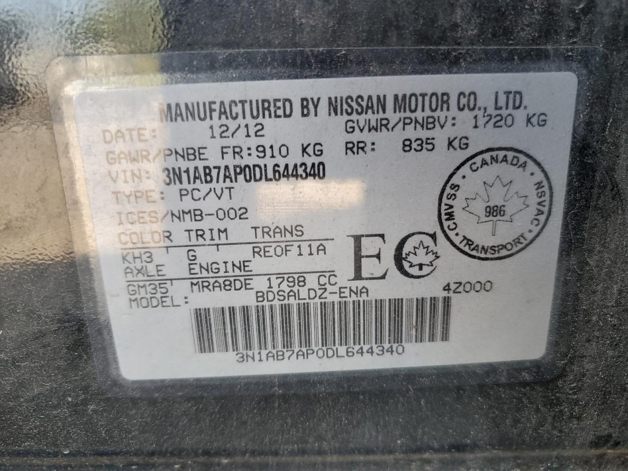 3N1AB7AP0DL644340 2013 Nissan Sentra S