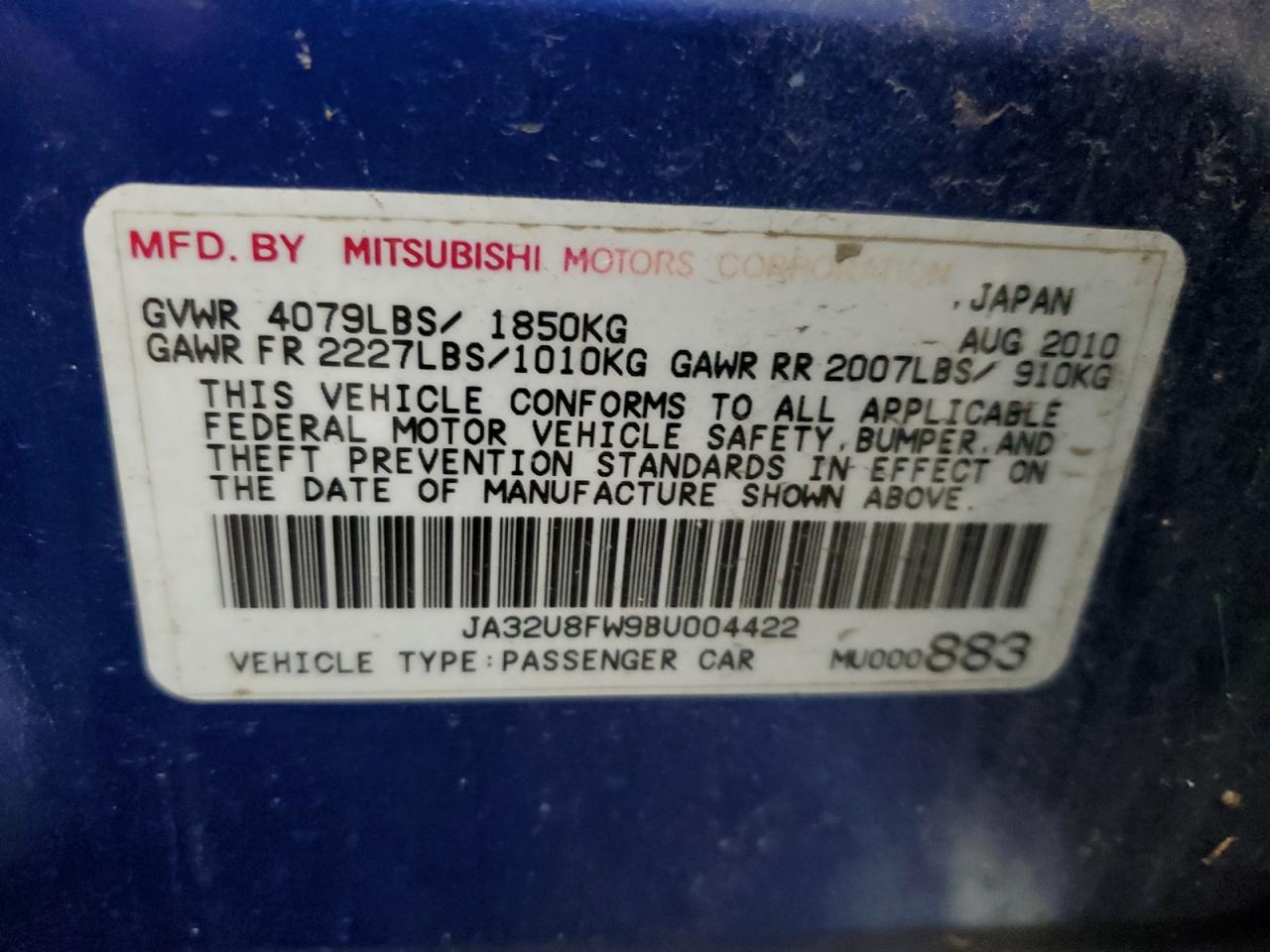 2011 Mitsubishi Lancer Gts VIN: JA32U8FW9BU004422 Lot: 69990684