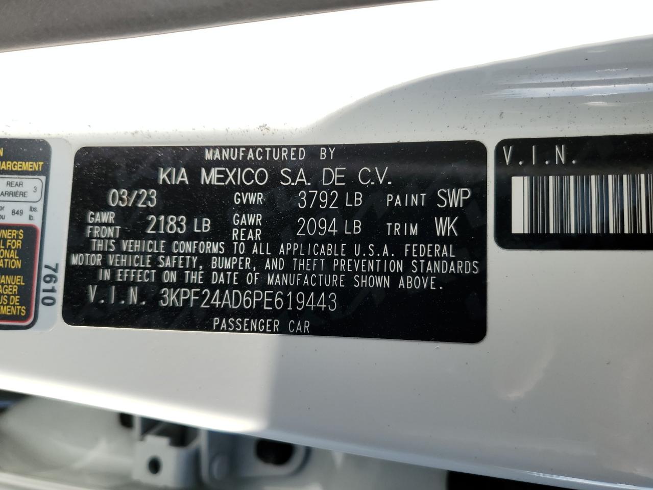 3KPF24AD6PE619443 2023 Kia Forte Lx