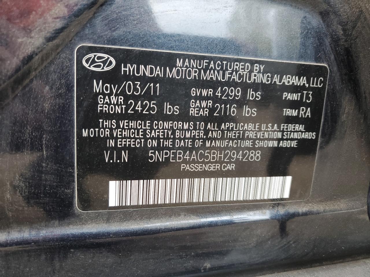 5NPEB4AC5BH294288 2011 Hyundai Sonata Gls