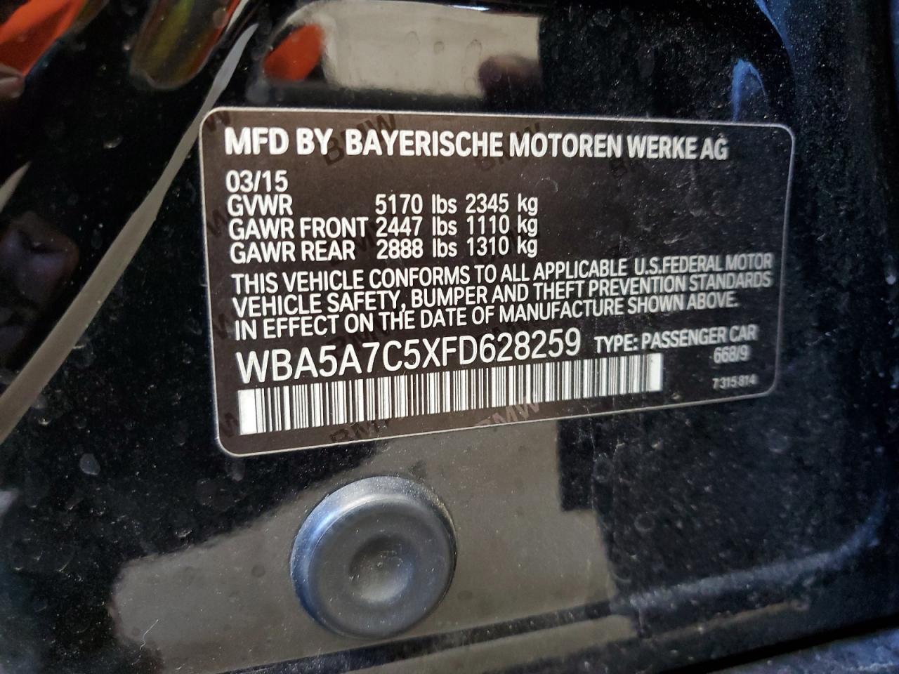 WBA5A7C5XFD628259 2015 BMW 528 Xi