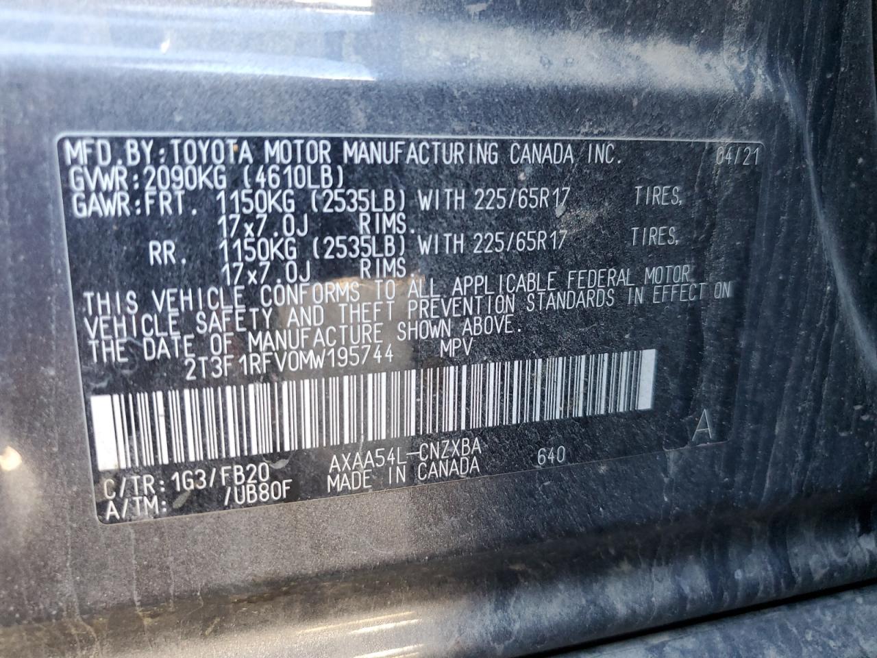 2T3F1RFV0MW195744 2021 Toyota Rav4 Le