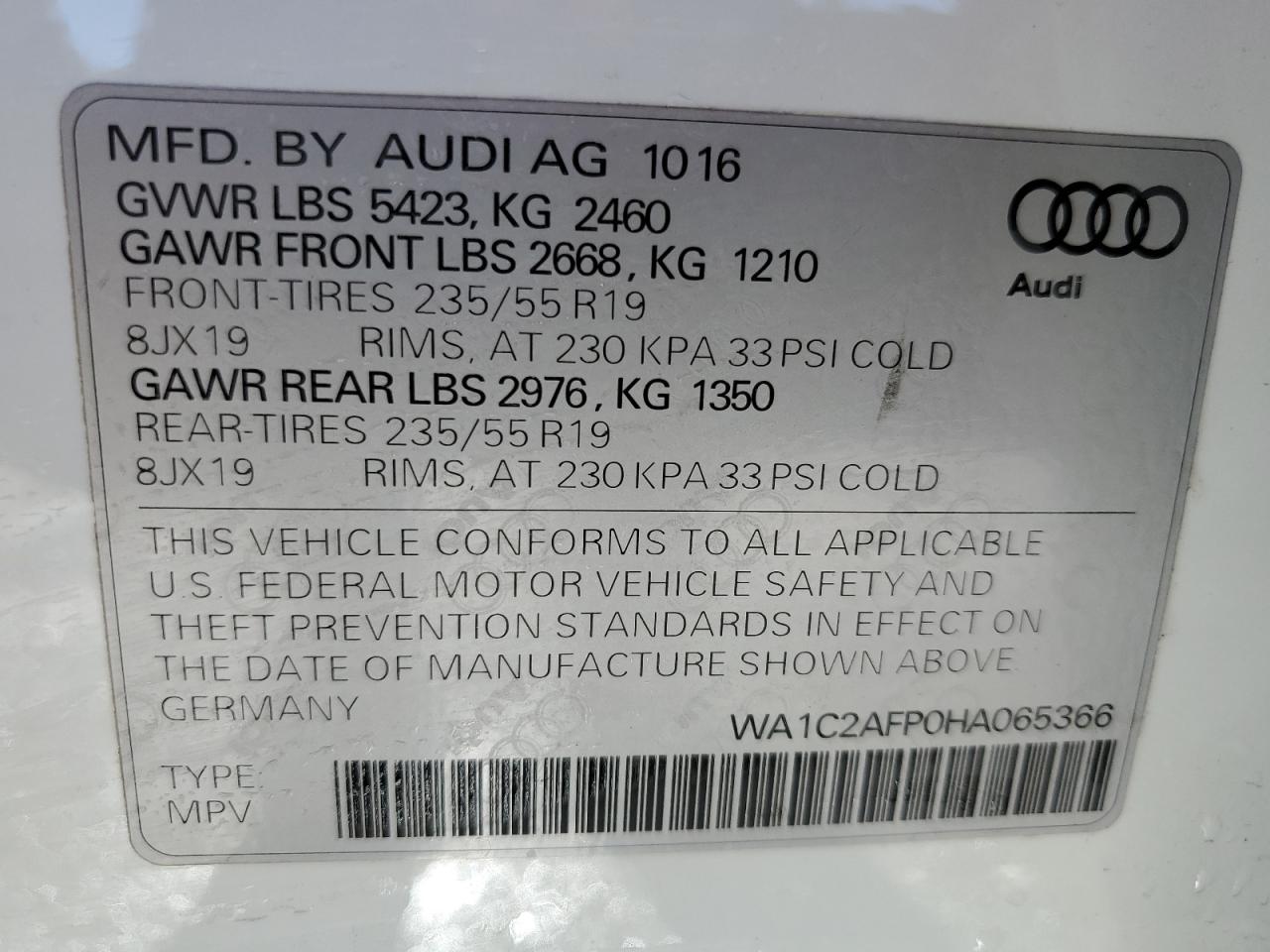 WA1C2AFP0HA065366 2017 Audi Q5 Premium