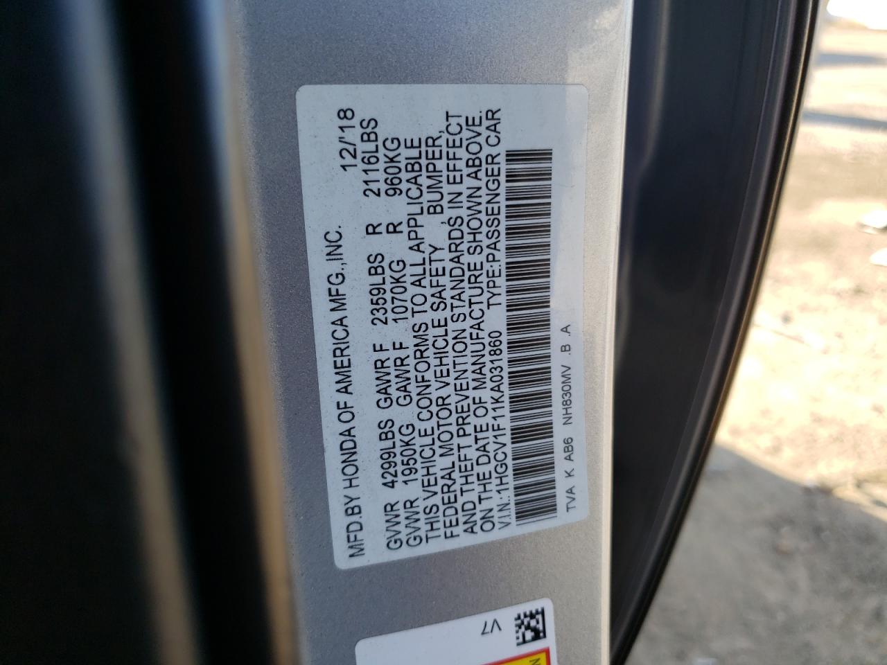 1HGCV1F11KA031860 2019 Honda Accord Lx