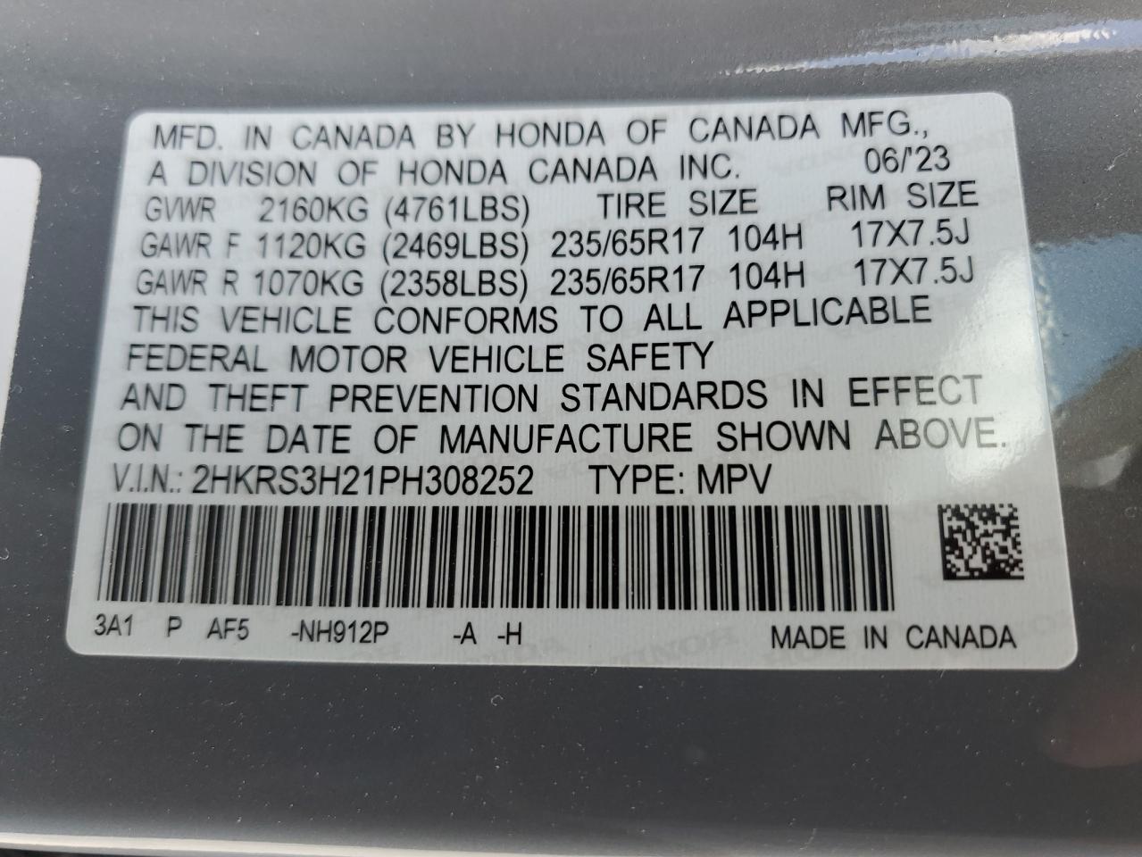 2023 Honda Cr-V Lx VIN: 2HKRS3H21PH308252 Lot: 72187184