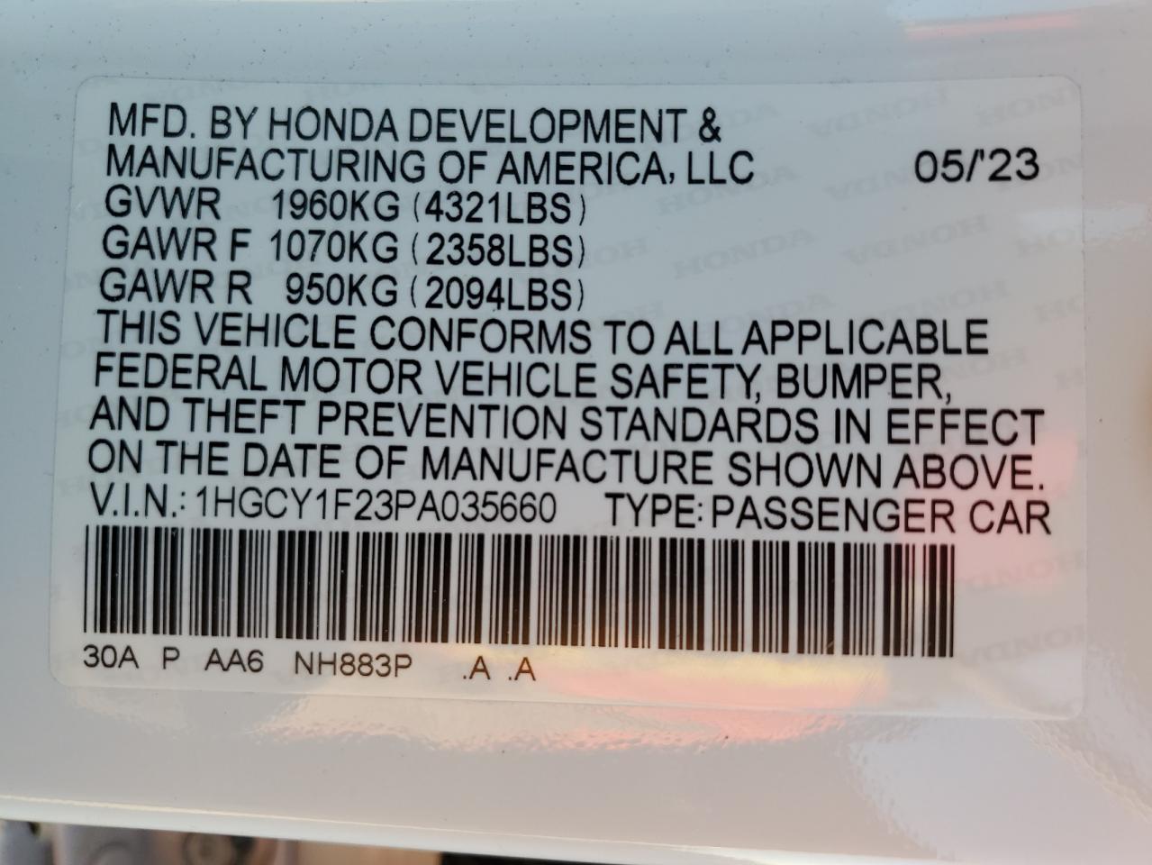 VIN 1HGCY1F23PA035660 2023 HONDA ACCORD no.12