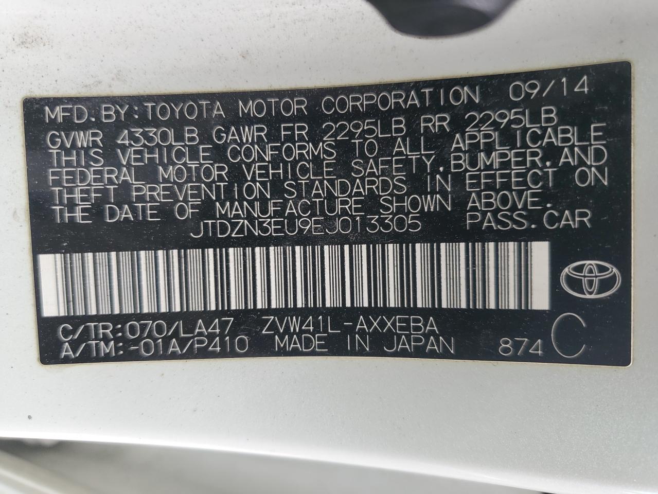 JTDZN3EU9EJ013305 2014 Toyota Prius V