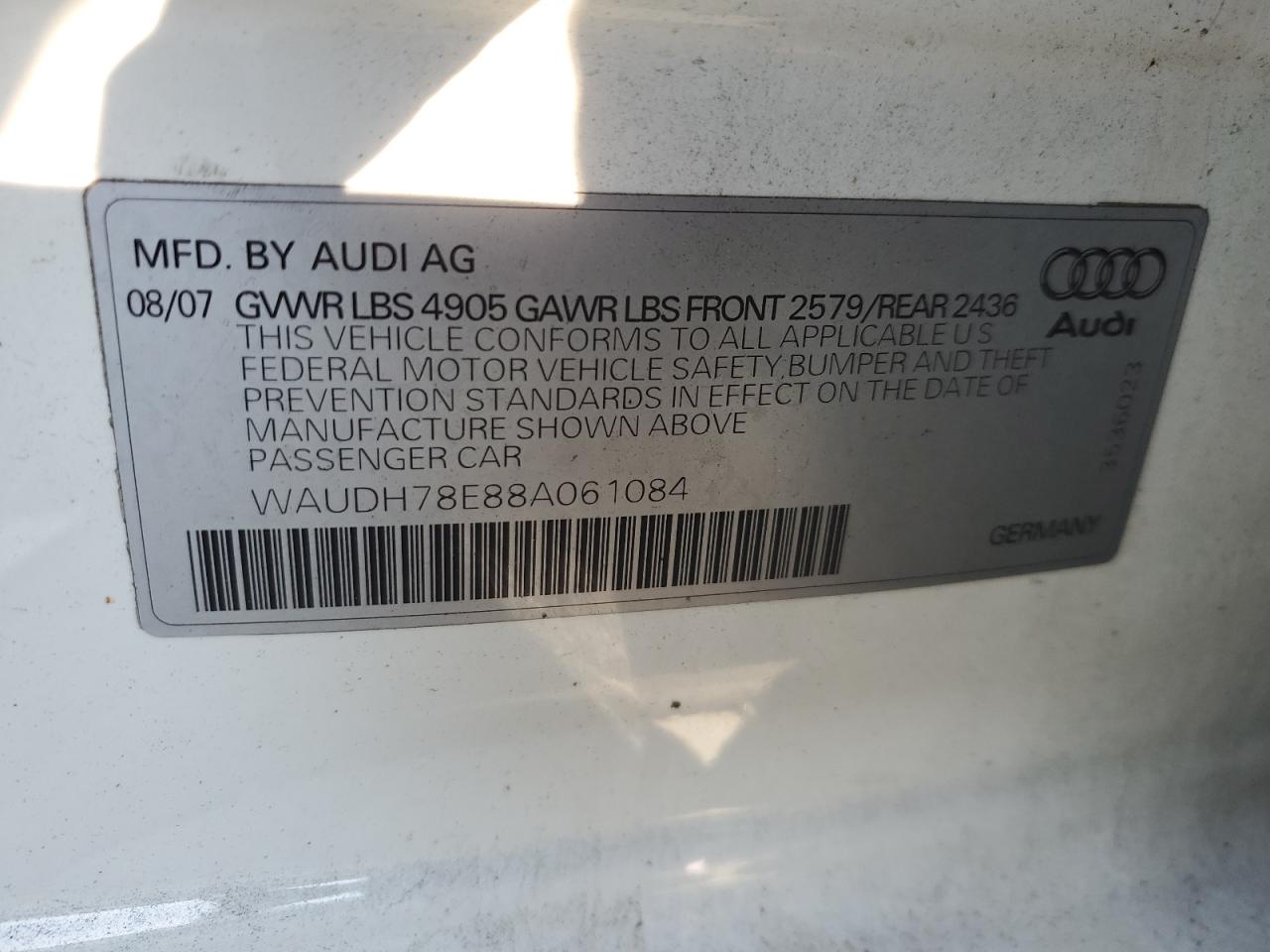 WAUDH78E88A061084 2008 Audi A4 3.2 Quattro