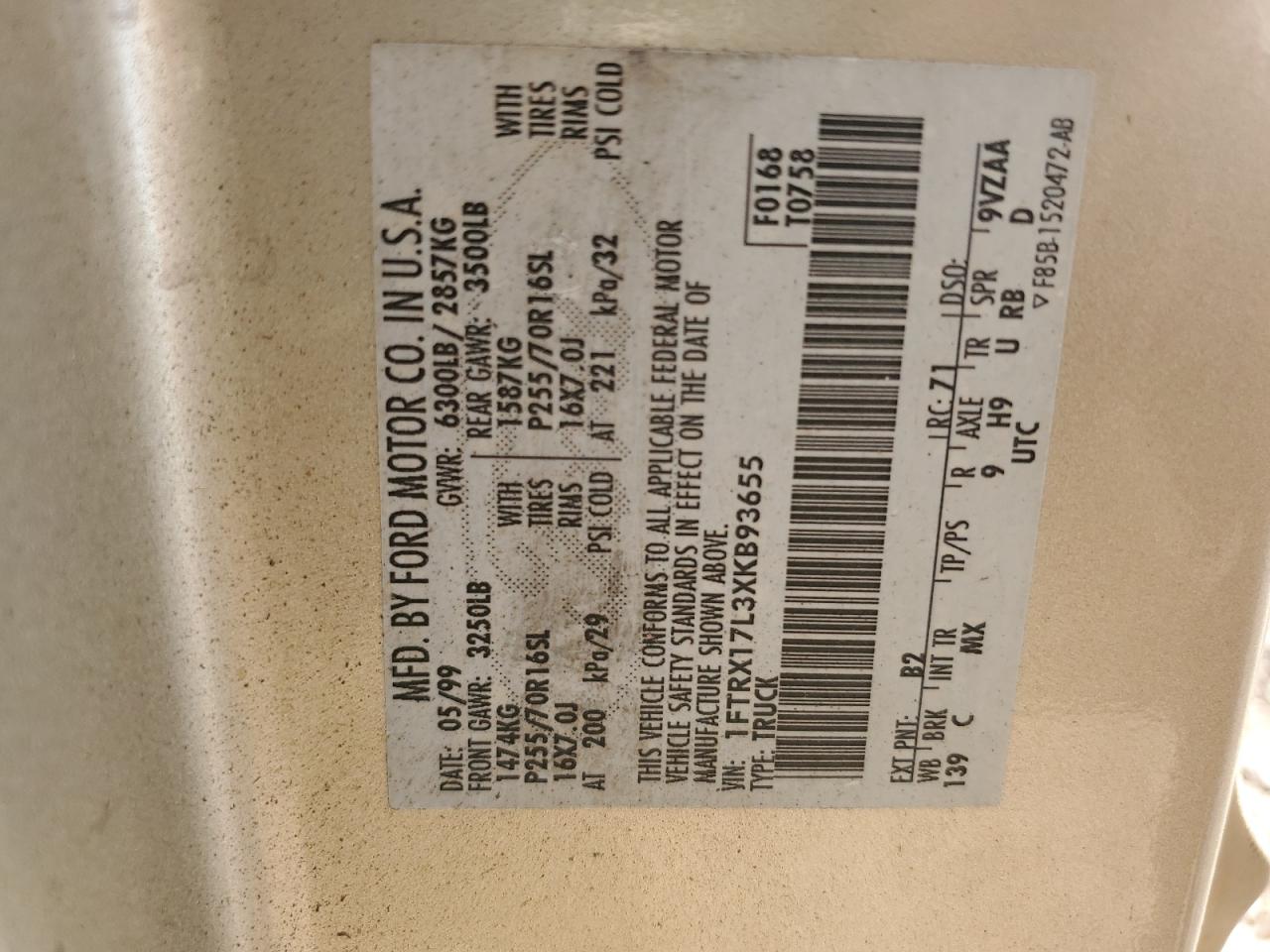 1999 Ford F150 VIN: 1FTRX17L3XKB93655 Lot: 73213754