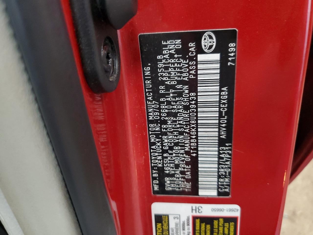 4T1BB46KX8U039438 2008 Toyota Camry Hybrid