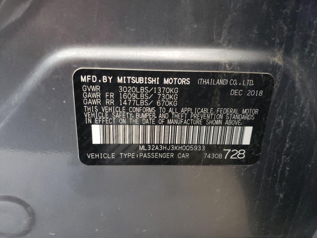 ML32A3HJ3KH005933 2019 Mitsubishi Mirage Es