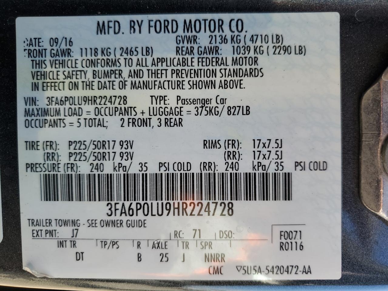 2017 Ford Fusion Se Hybrid VIN: 3FA6P0LU9HR224728 Lot: 69100644