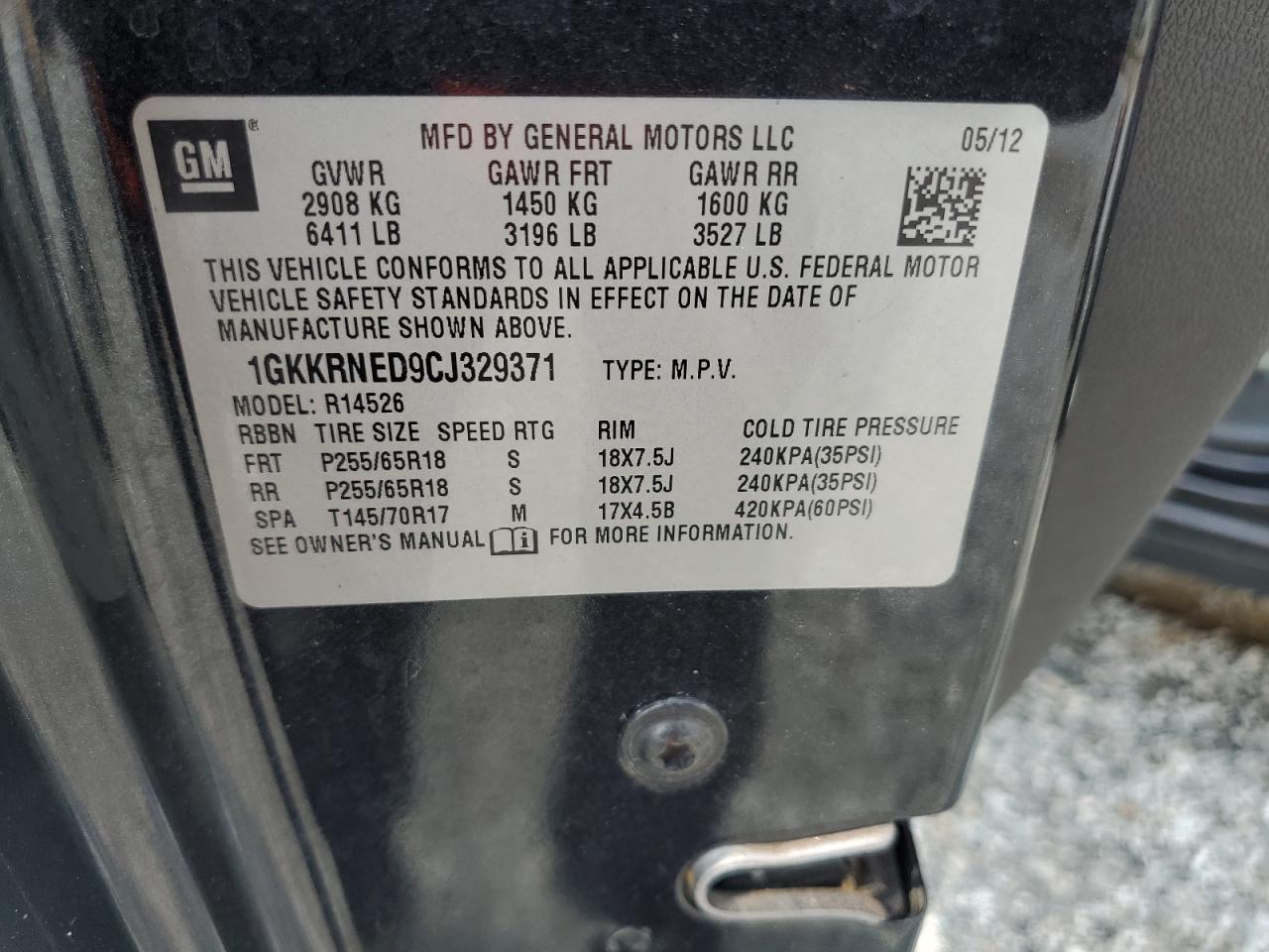 1GKKRNED9CJ329371 2012 GMC Acadia Sle