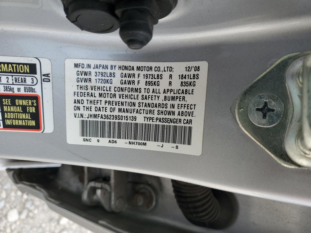 JHMFA36239S015139 2009 Honda Civic Hybrid