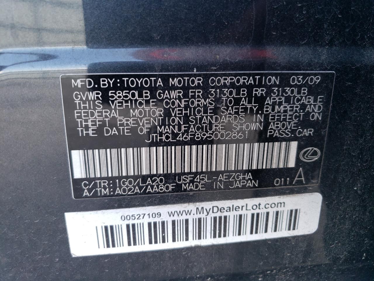 2009 Lexus Ls 460 VIN: JTHCL46F895002861 Lot: 71716754