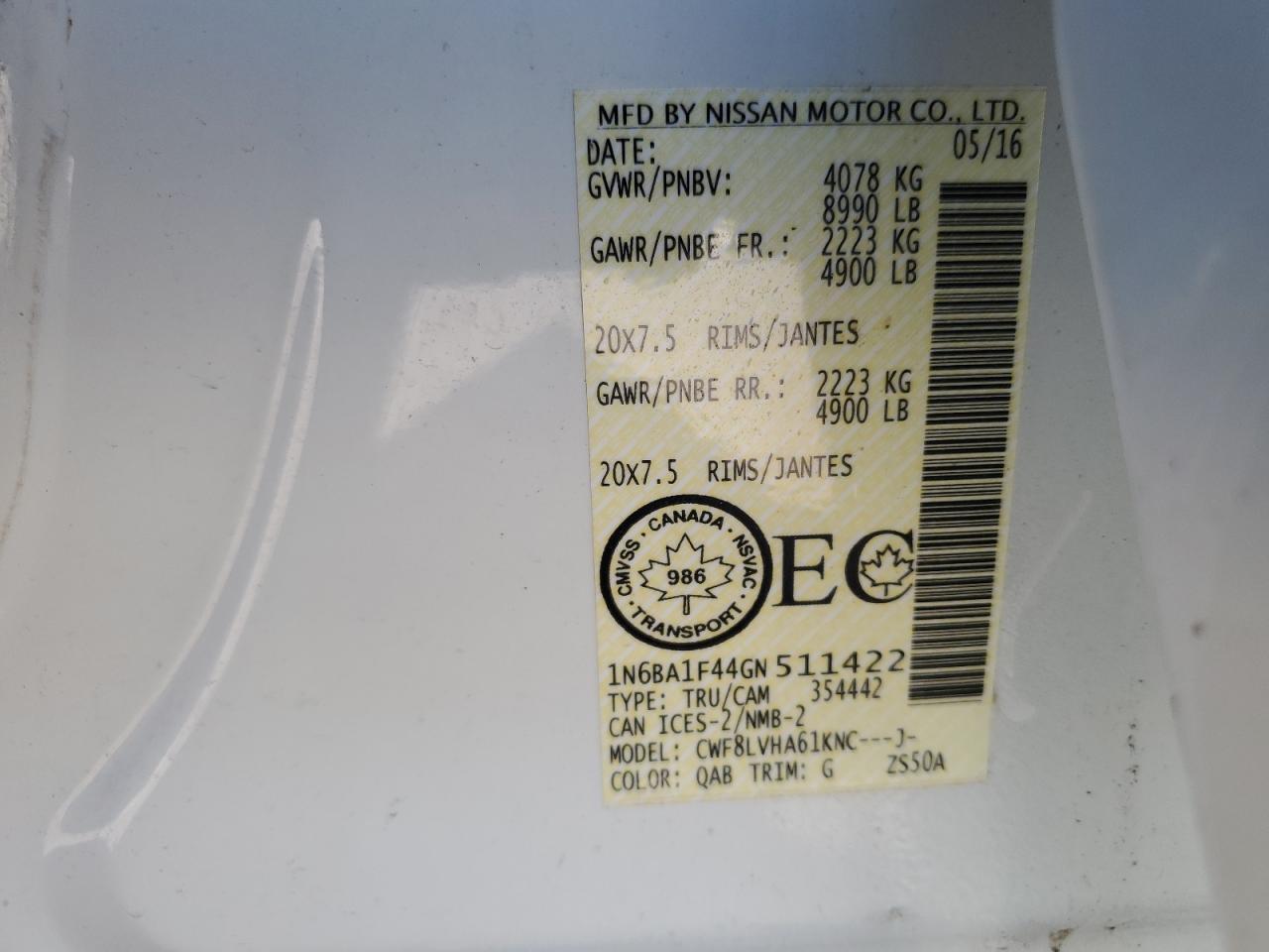 2016 Nissan Titan Xd Sl VIN: 1N6BA1F44GN511422 Lot: 69839264