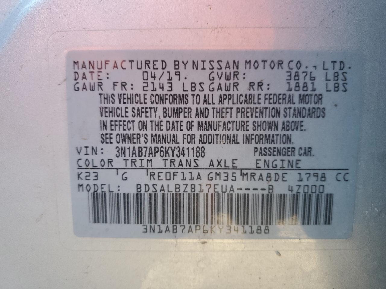 3N1AB7AP6KY341188 2019 Nissan Sentra S