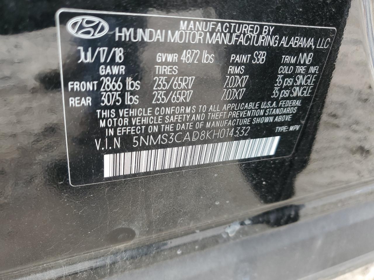 2019 Hyundai Santa Fe Sel VIN: 5NMS3CAD8KH014332 Lot: 72239764