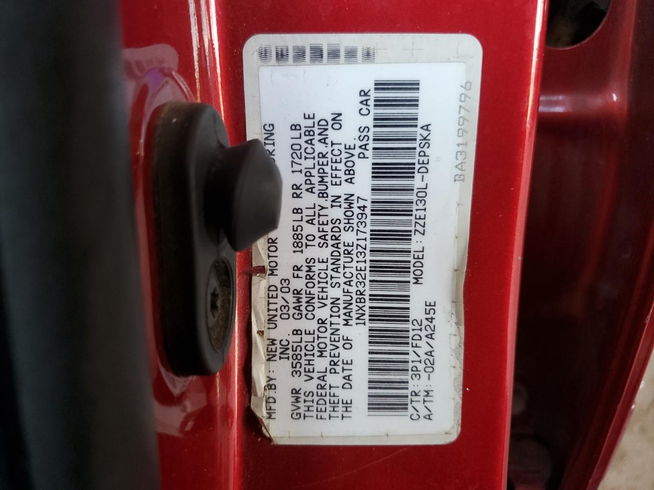 2003 Toyota Corolla Ce VIN: 1NXBR32E13Z173947 Lot: 73208754