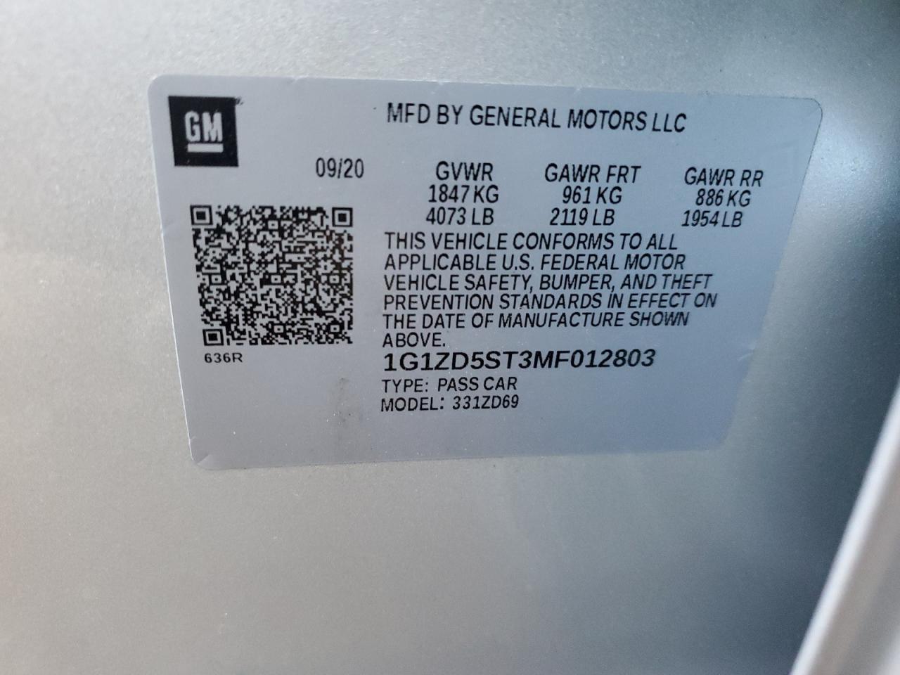 1G1ZD5ST3MF012803 2021 Chevrolet Malibu Lt