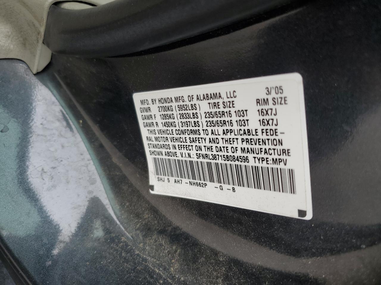 5FNRL38715B084596 2005 Honda Odyssey Exl