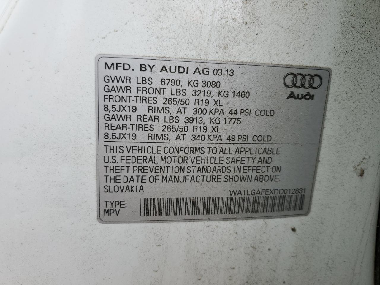 2013 Audi Q7 Premium Plus VIN: WA1LGAFEXDD012831 Lot: 70552284