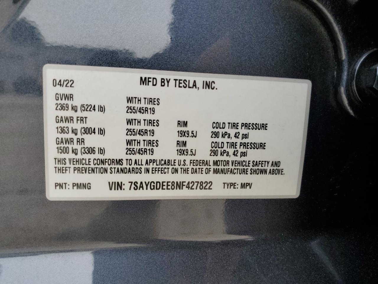 7SAYGDEE8NF427822 2022 Tesla Model Y