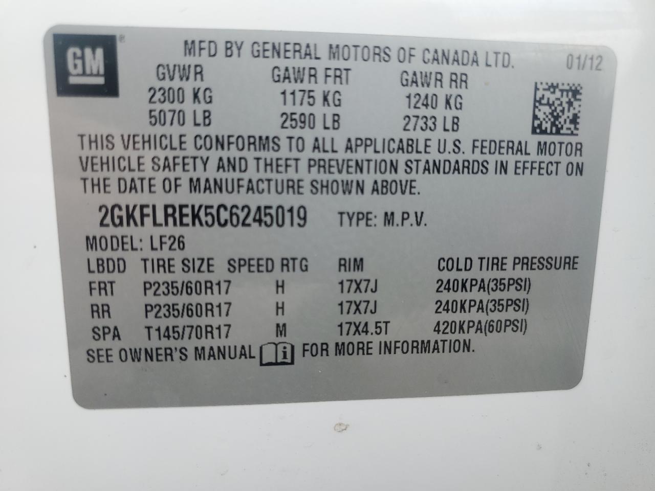 2GKFLREK5C6245019 2012 GMC Terrain Sle