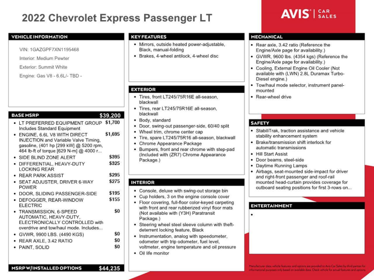 1GAZGPF7XN1195468 2022 Chevrolet Express G3500 Lt