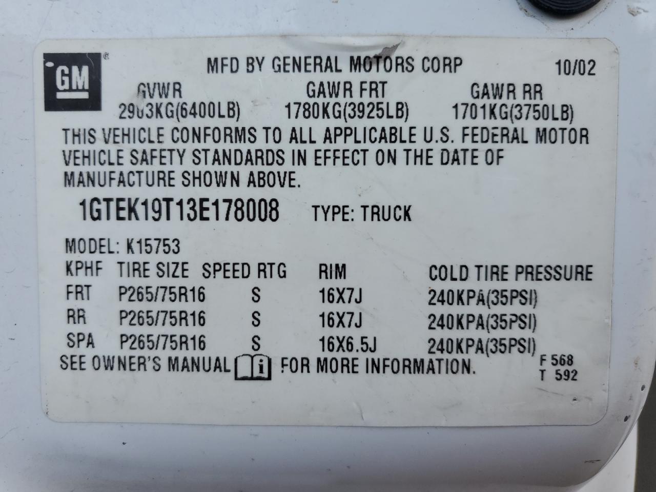 1GTEK19T13E178008 2003 GMC New Sierra K1500